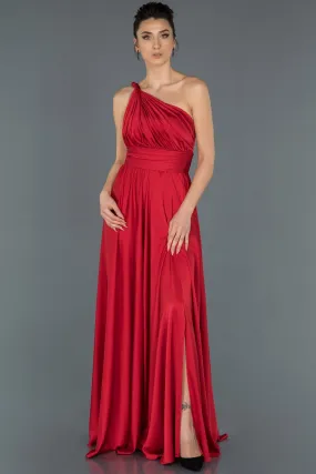 17010 Red One Shoulder Draped Slit Satin Dress