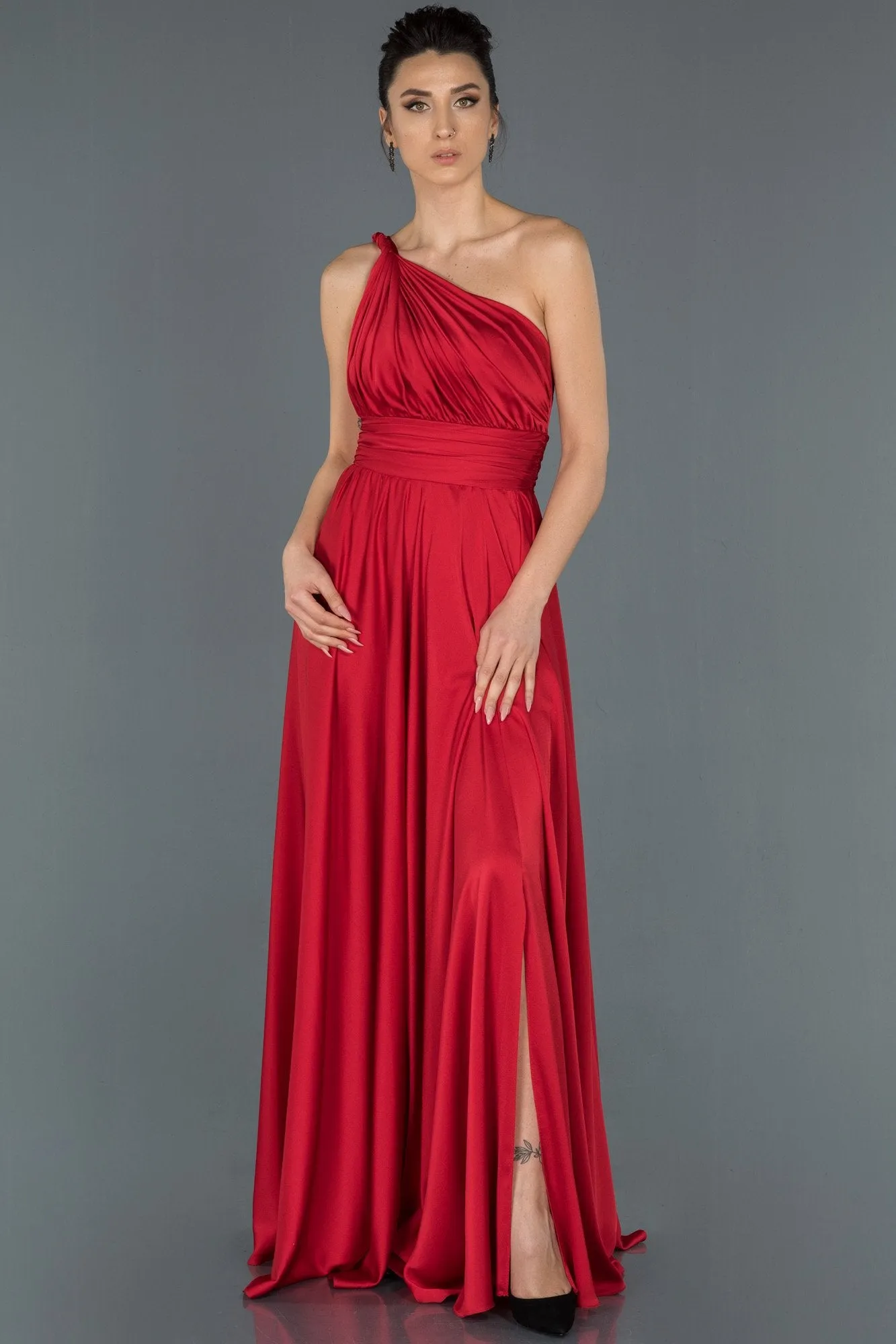 17010 Red One Shoulder Draped Slit Satin Dress