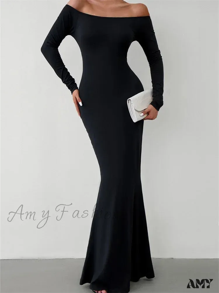 Amy Fashion - Elegant Women  Sleeve  Trumpet Solid Slash Neck Off-Shoulder Party Beach Cocktail Club Streetwear