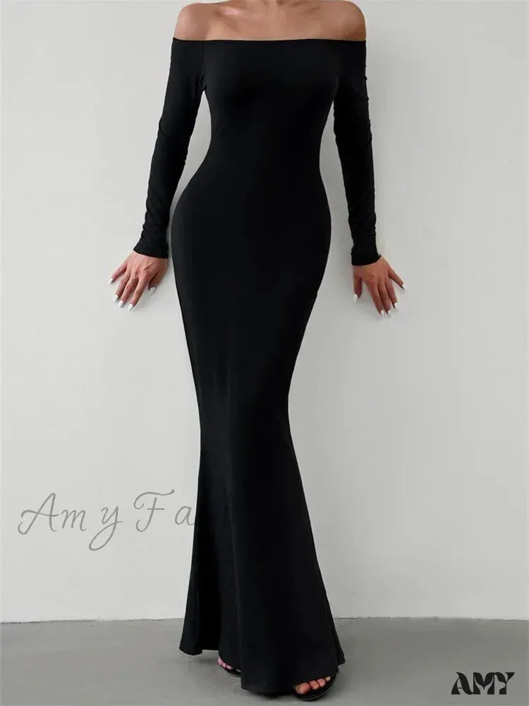 Amy Fashion - Elegant Women  Sleeve  Trumpet Solid Slash Neck Off-Shoulder Party Beach Cocktail Club Streetwear
