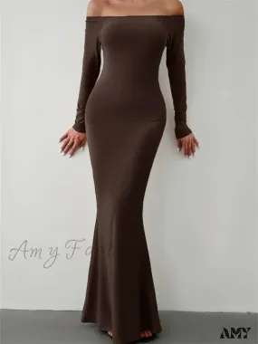 Amy Fashion - Elegant Women  Sleeve  Trumpet Solid Slash Neck Off-Shoulder Party Beach Cocktail Club Streetwear