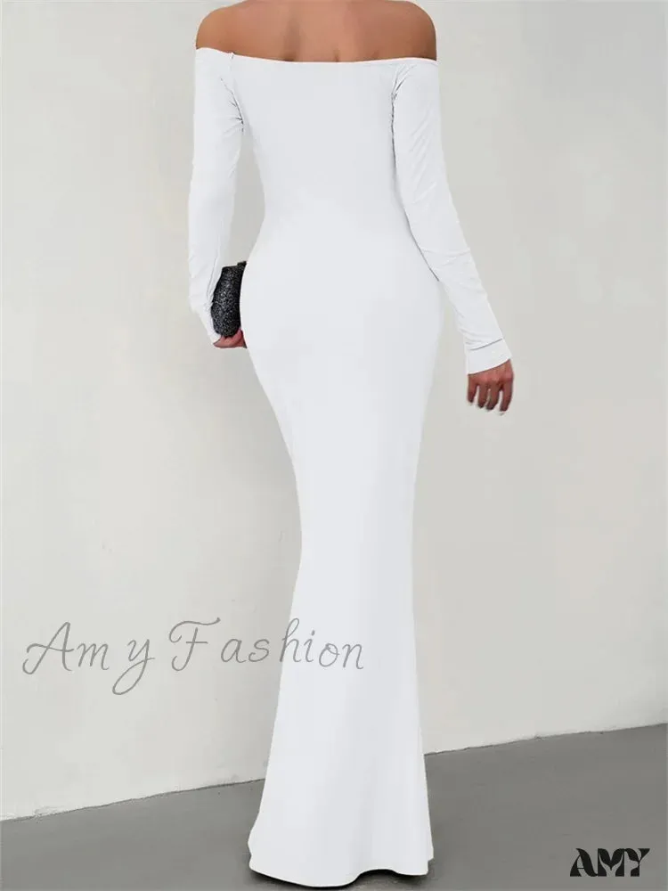 Amy Fashion - Elegant Women  Sleeve  Trumpet Solid Slash Neck Off-Shoulder Party Beach Cocktail Club Streetwear