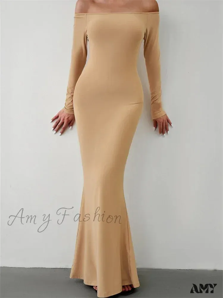 Amy Fashion - Elegant Women  Sleeve  Trumpet Solid Slash Neck Off-Shoulder Party Beach Cocktail Club Streetwear