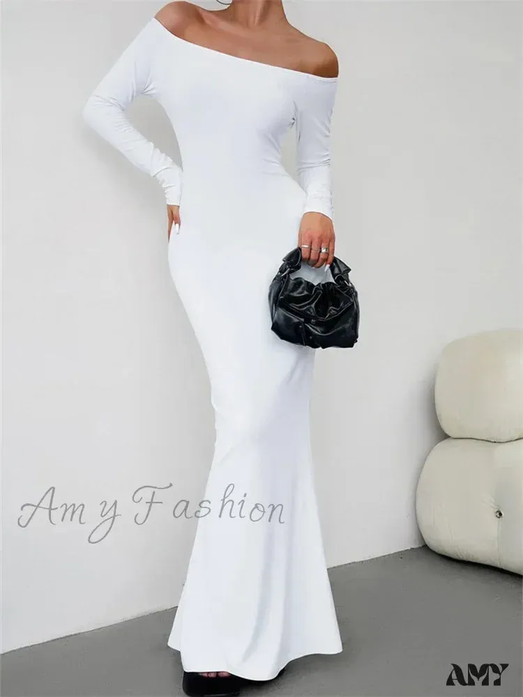 Amy Fashion - Elegant Women  Sleeve  Trumpet Solid Slash Neck Off-Shoulder Party Beach Cocktail Club Streetwear