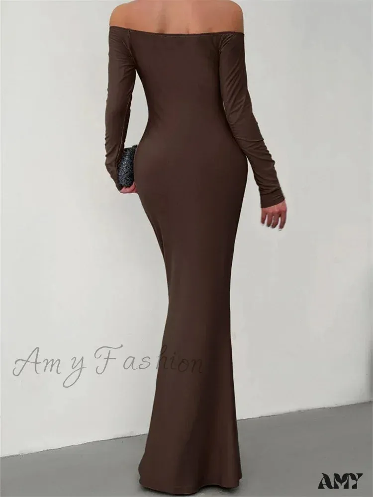 Amy Fashion - Elegant Women  Sleeve  Trumpet Solid Slash Neck Off-Shoulder Party Beach Cocktail Club Streetwear