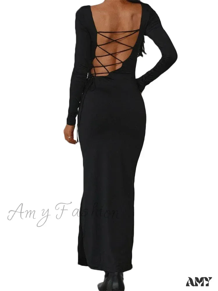 Amy Fashion - Sexy Women Backless Hollow Out Criss-cross Tie-up   Sleeve Black Solid Slim Fit Party  Vestidos
