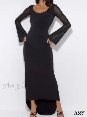 Amy Fashion - Sexy Women  Mesh  Sleeve Backless Ruched Lace-up Solid Color Party Female Irregular Hem Vestidos