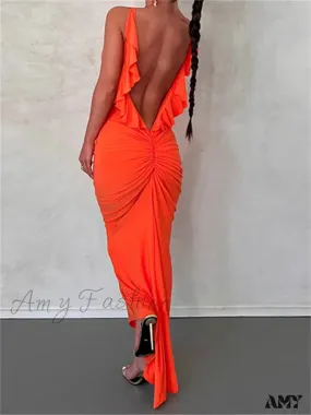 Amy Fashion - Women Sexy Spaghetti Strap Backless  Bodycon V-neck Ruffles Ruched Party Evening Clubwear Vestidos