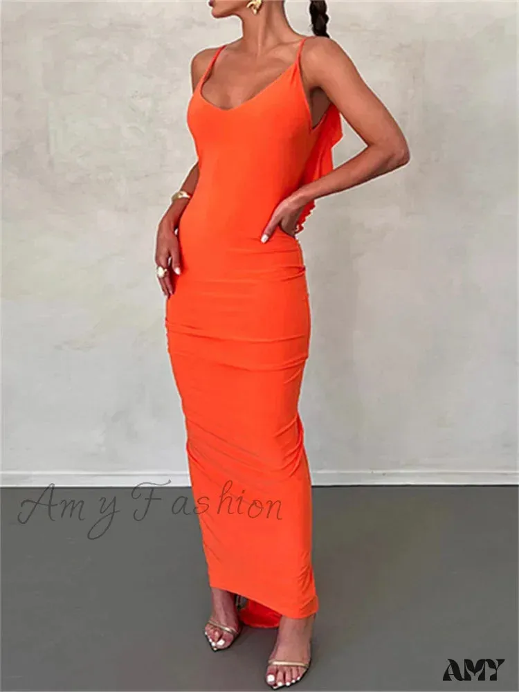 Amy Fashion - Women Sexy Spaghetti Strap Backless  Bodycon V-neck Ruffles Ruched Party Evening Clubwear Vestidos