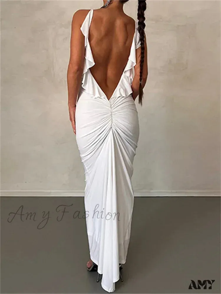 Amy Fashion - Women Sexy Spaghetti Strap Backless  Bodycon V-neck Ruffles Ruched Party Evening Clubwear Vestidos