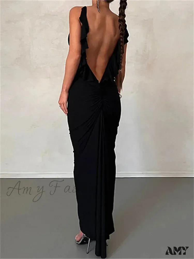 Amy Fashion - Women Sexy Spaghetti Strap Backless  Bodycon V-neck Ruffles Ruched Party Evening Clubwear Vestidos