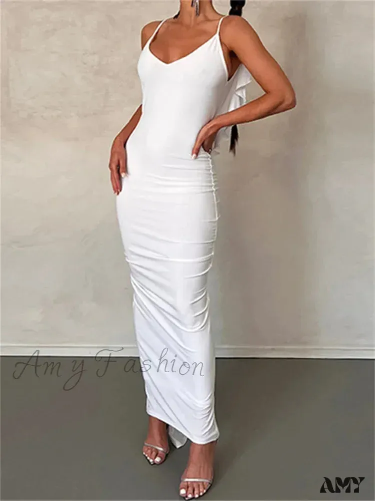 Amy Fashion - Women Sexy Spaghetti Strap Backless  Bodycon V-neck Ruffles Ruched Party Evening Clubwear Vestidos