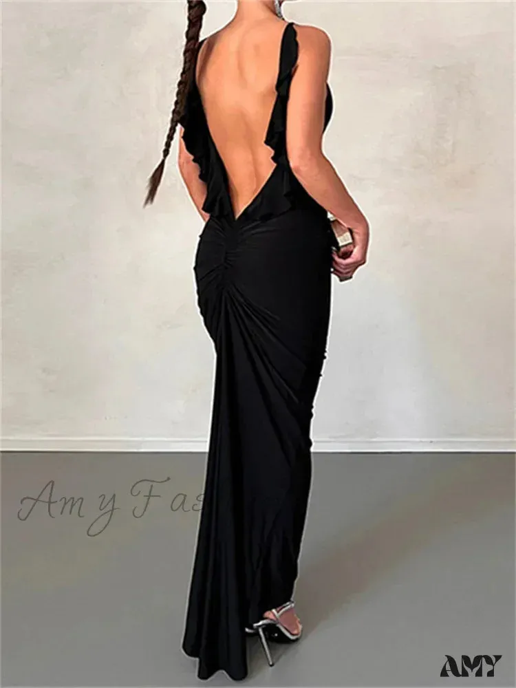 Amy Fashion - Women Sexy Spaghetti Strap Backless  Bodycon V-neck Ruffles Ruched Party Evening Clubwear Vestidos