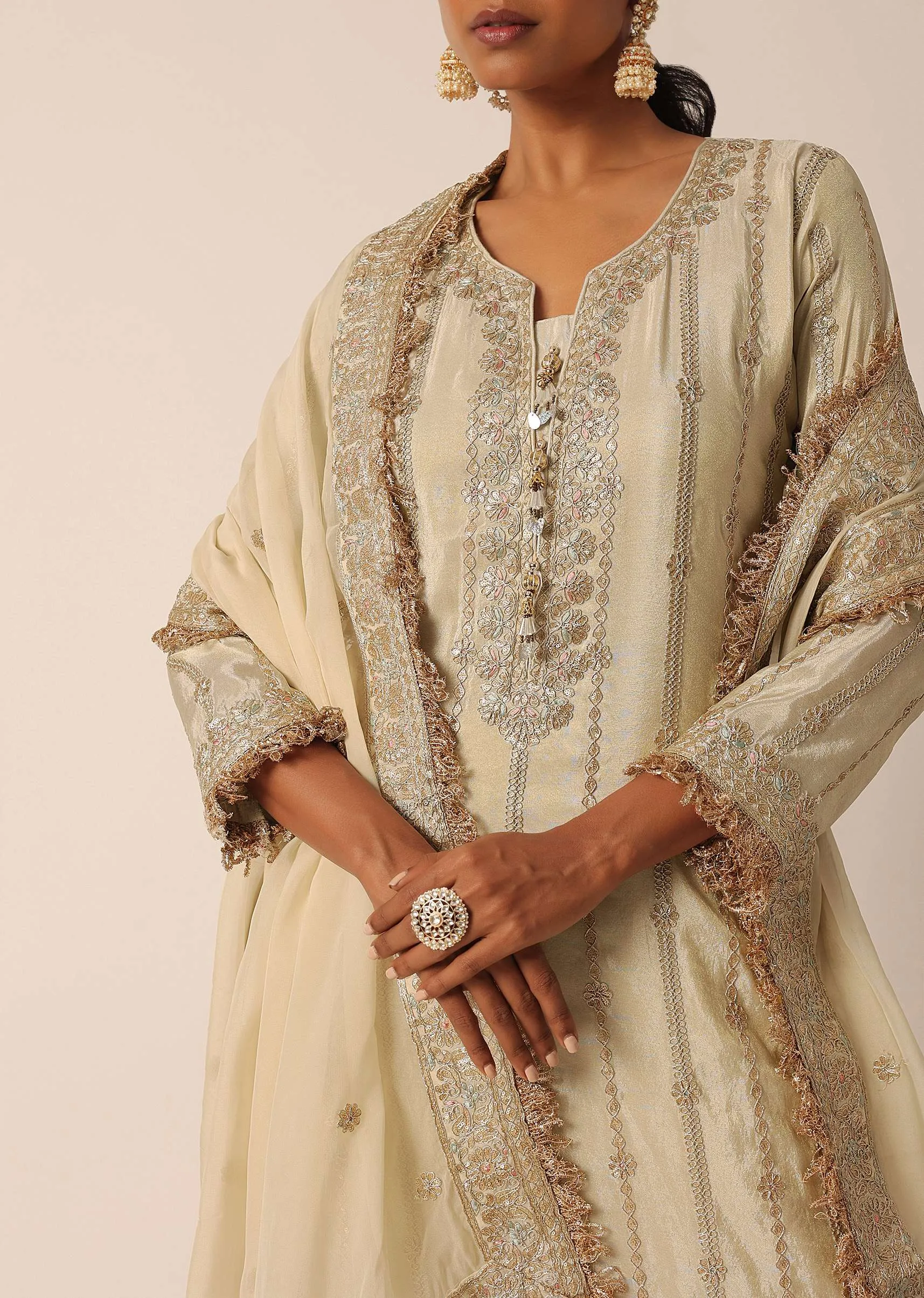 Beige Kurta Palazzo Set With Resham And Sequin Work