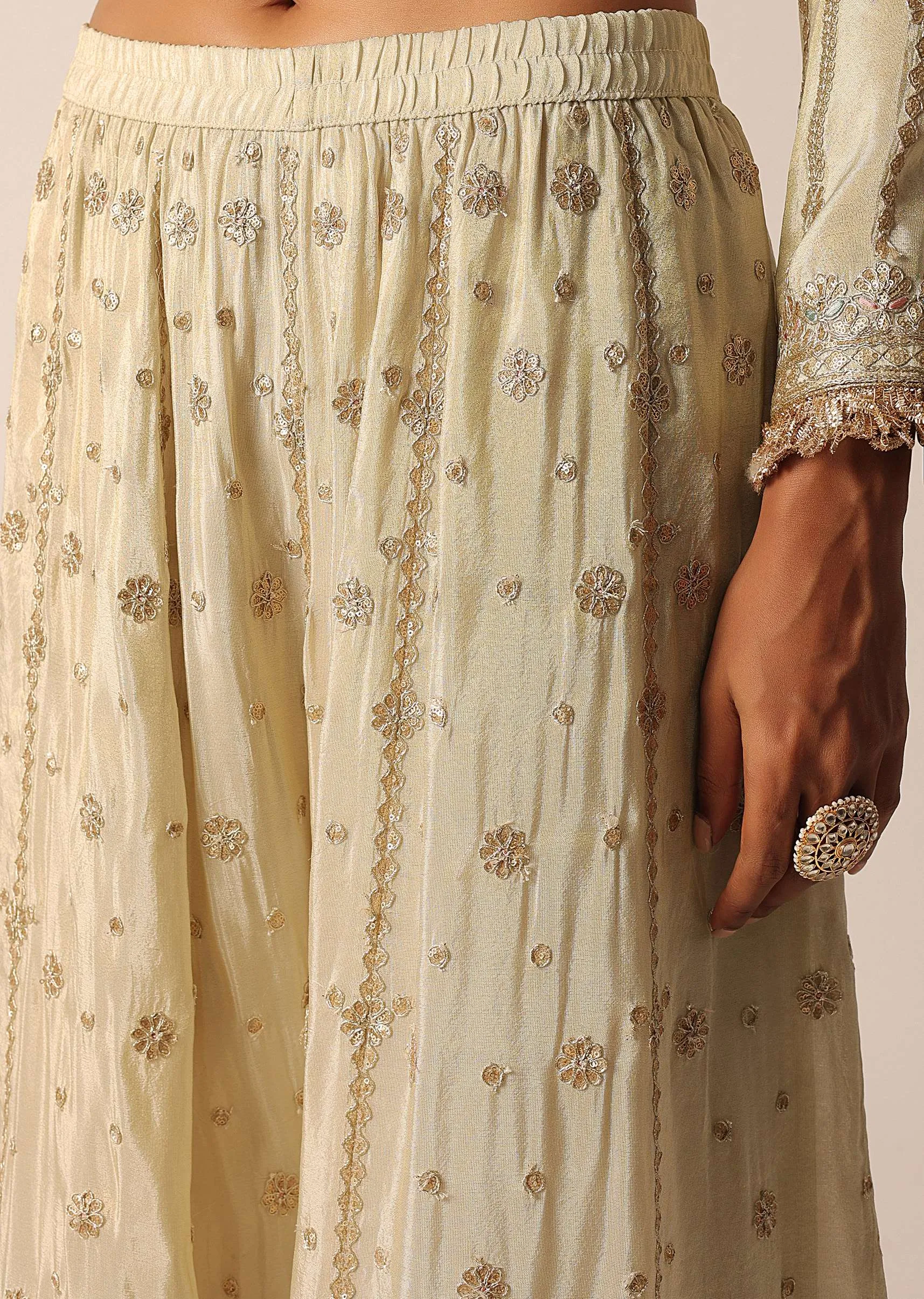 Beige Kurta Palazzo Set With Resham And Sequin Work