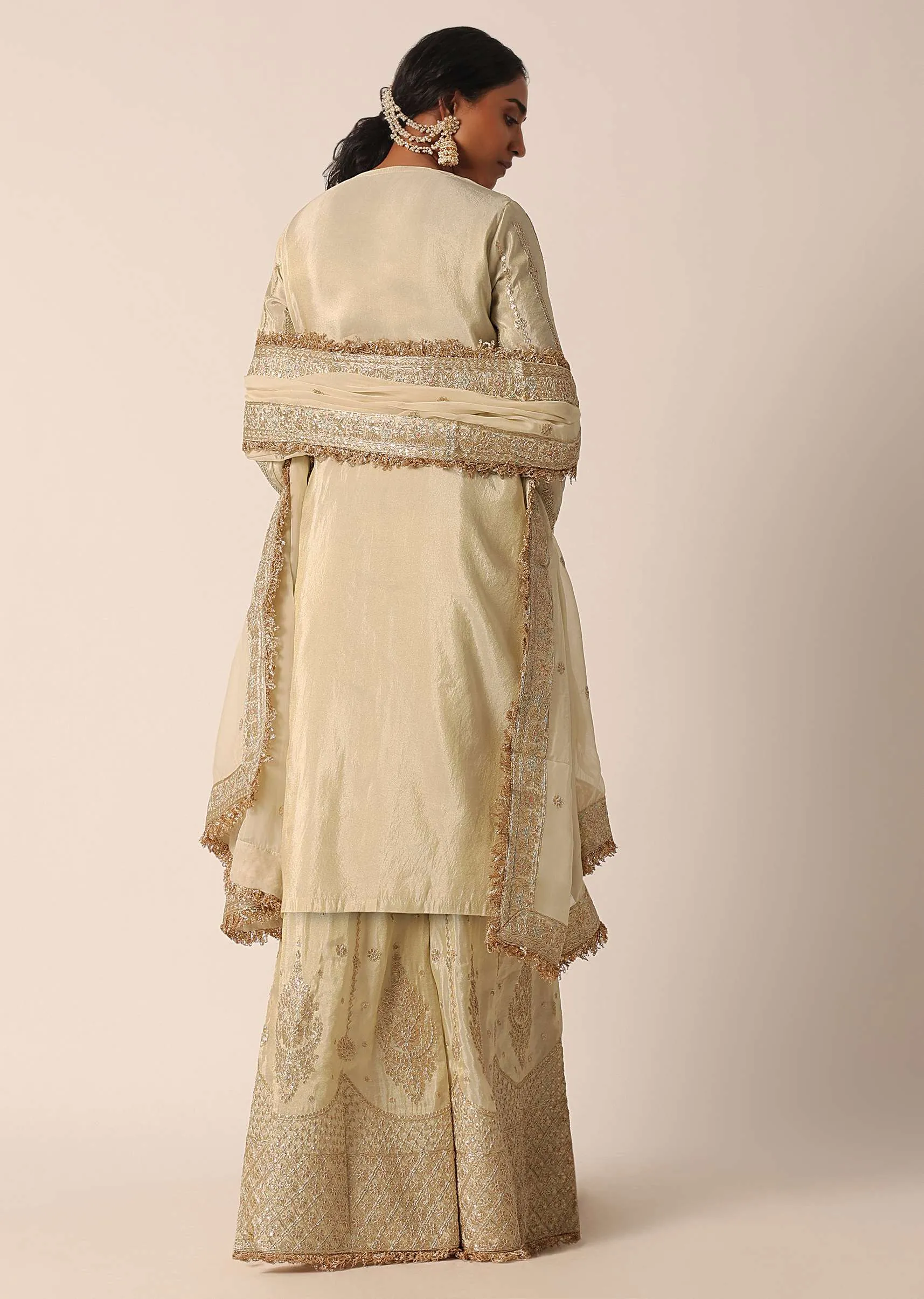 Beige Kurta Palazzo Set With Resham And Sequin Work