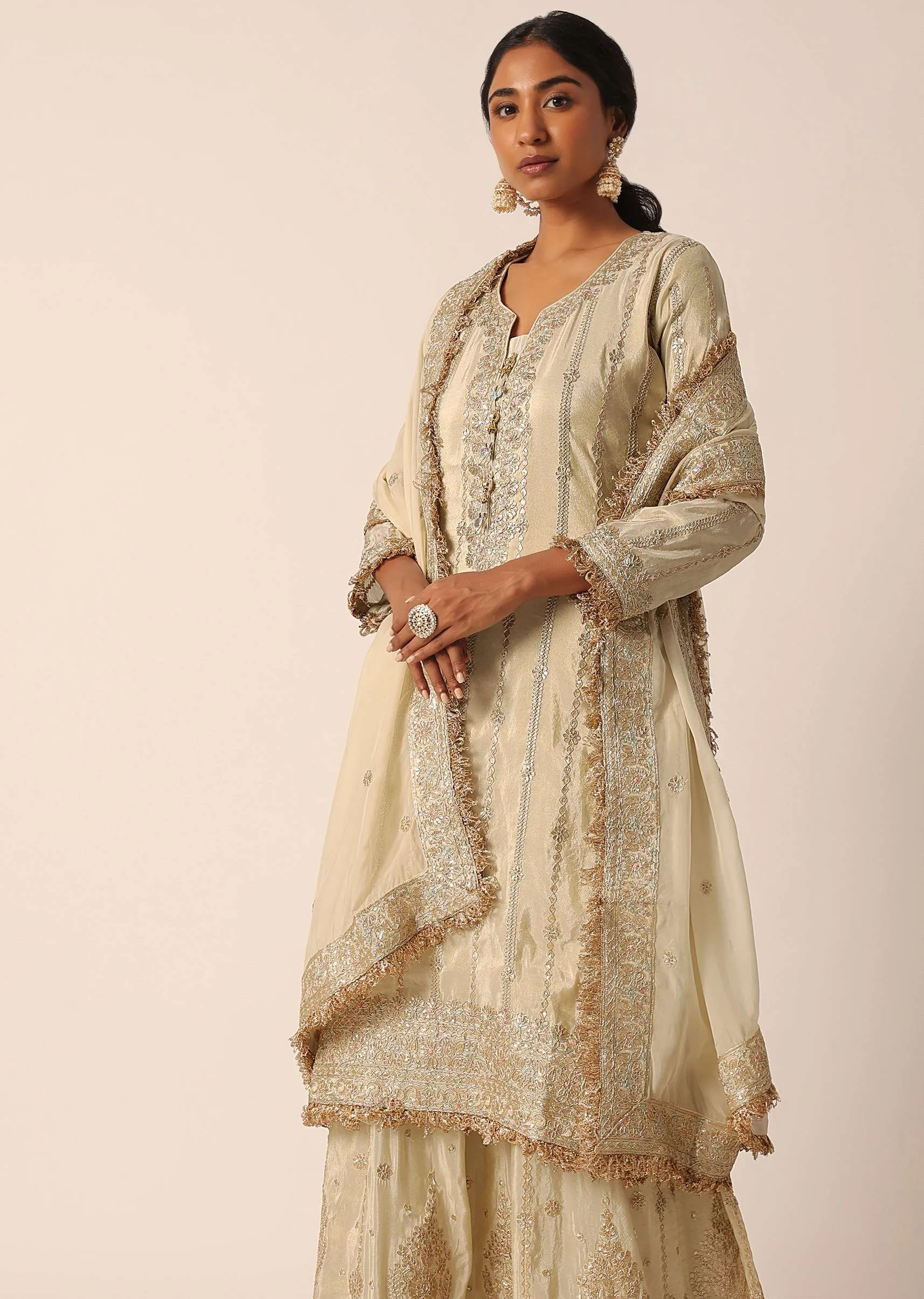 Beige Kurta Palazzo Set With Resham And Sequin Work