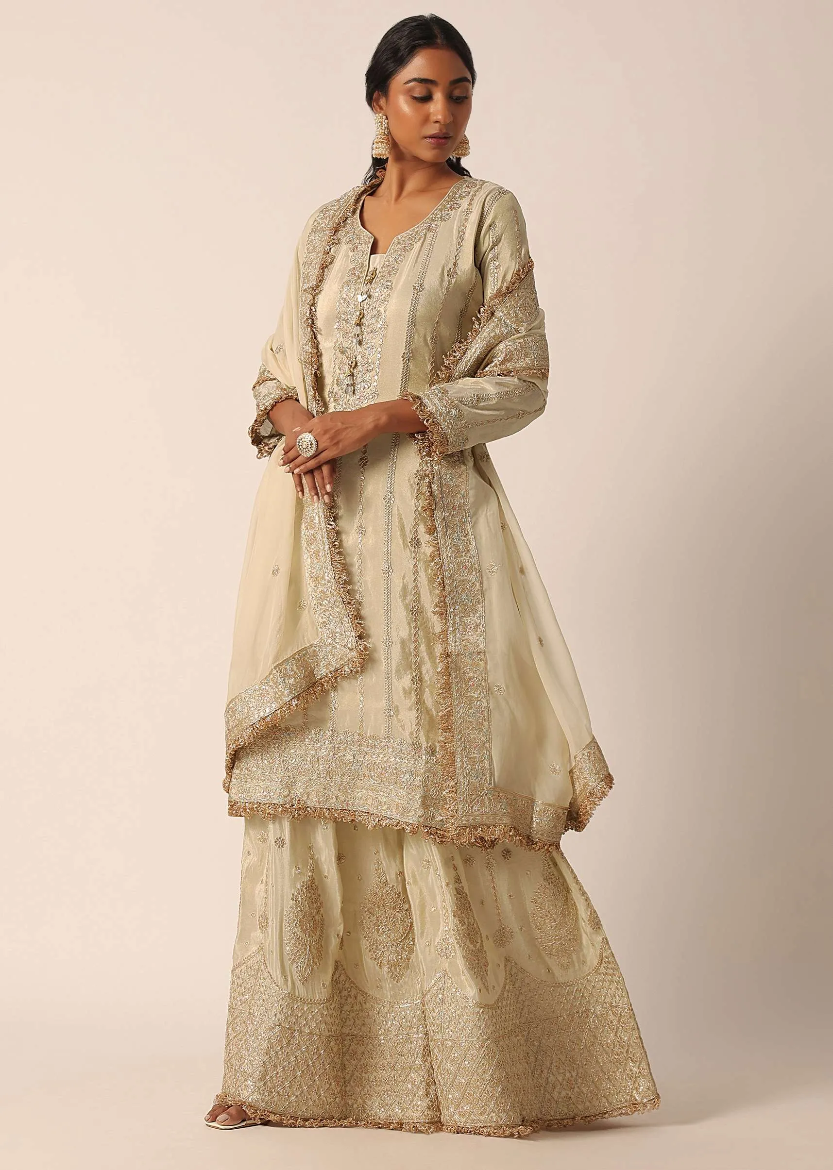 Beige Kurta Palazzo Set With Resham And Sequin Work