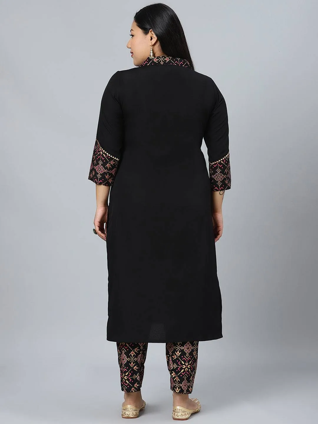 Black Crepe Semi Foil Print Kurta Palazzo Set