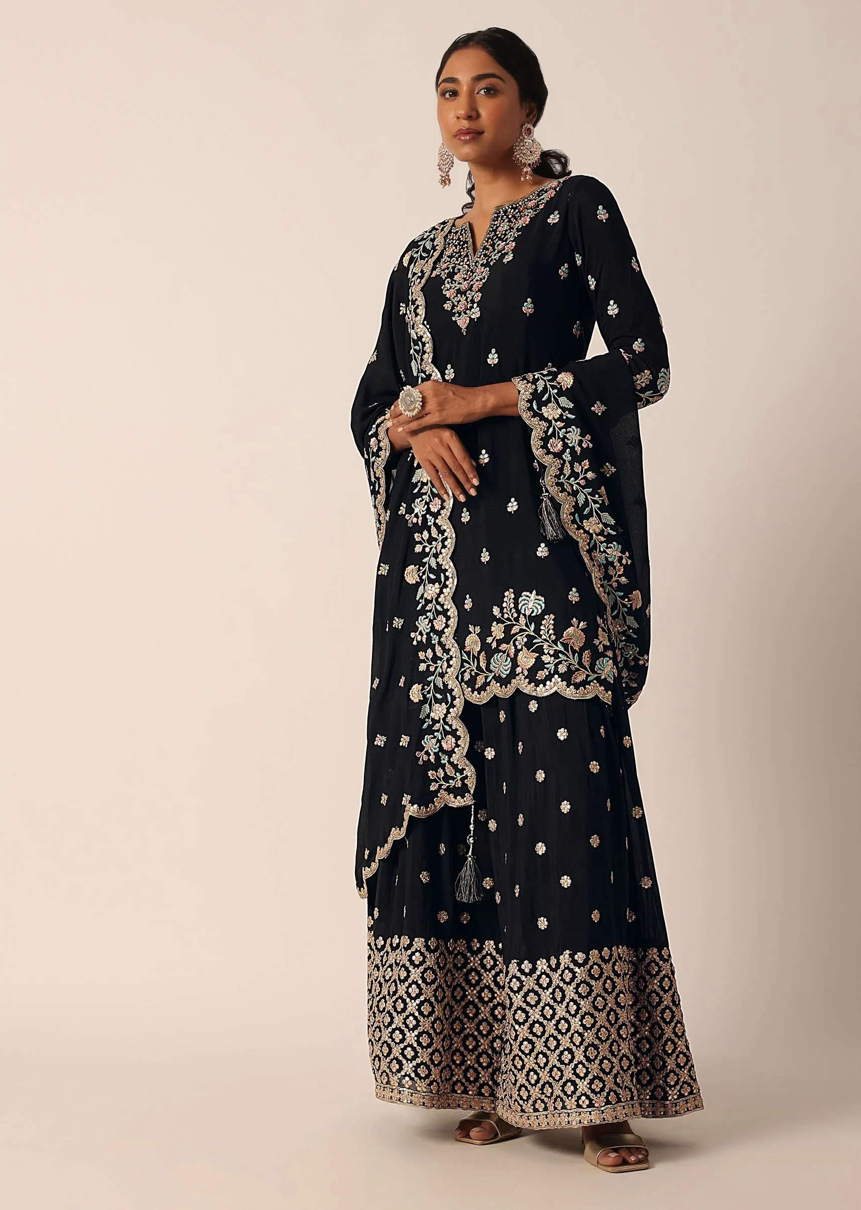 Black Palazzo Kurti Suit Set In Chinon With Zari And Resham Work