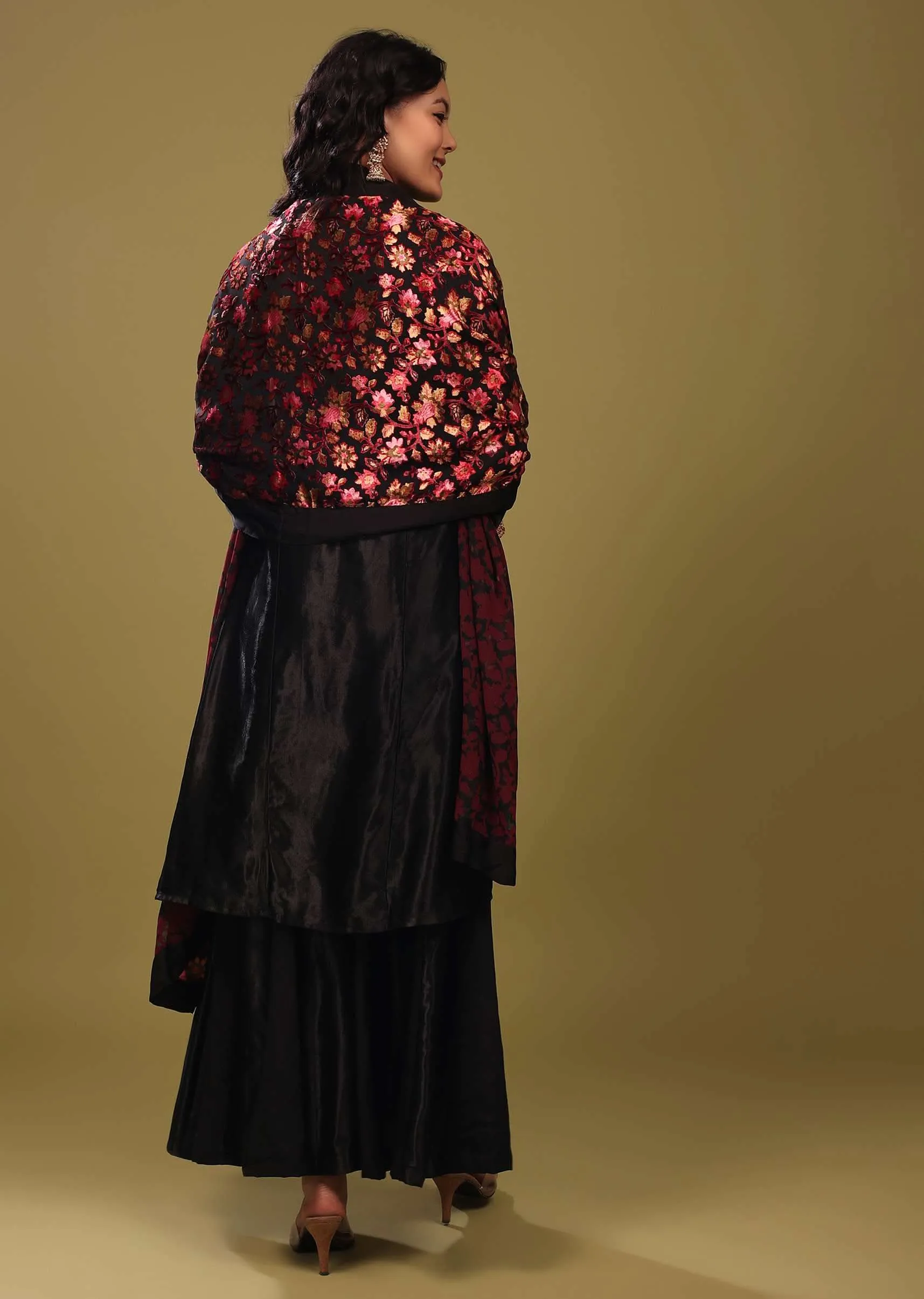 Black Palazzo Suit In Gajji Silk With A Beautiful Velvet Floral Embroidered Dupatta