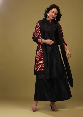 Black Palazzo Suit In Gajji Silk With A Beautiful Velvet Floral Embroidered Dupatta