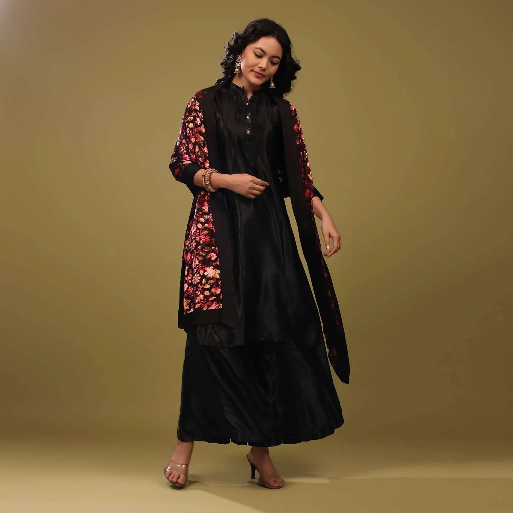 Black Palazzo Suit In Gajji Silk With A Beautiful Velvet Floral Embroidered Dupatta