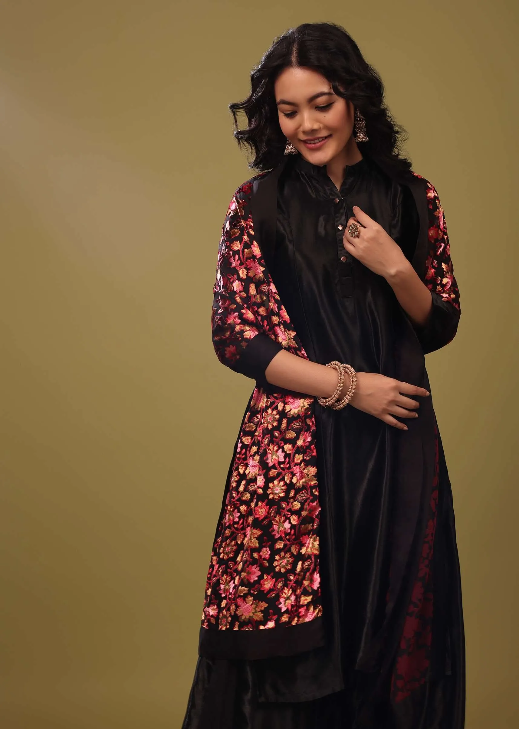 Black Palazzo Suit In Gajji Silk With A Beautiful Velvet Floral Embroidered Dupatta