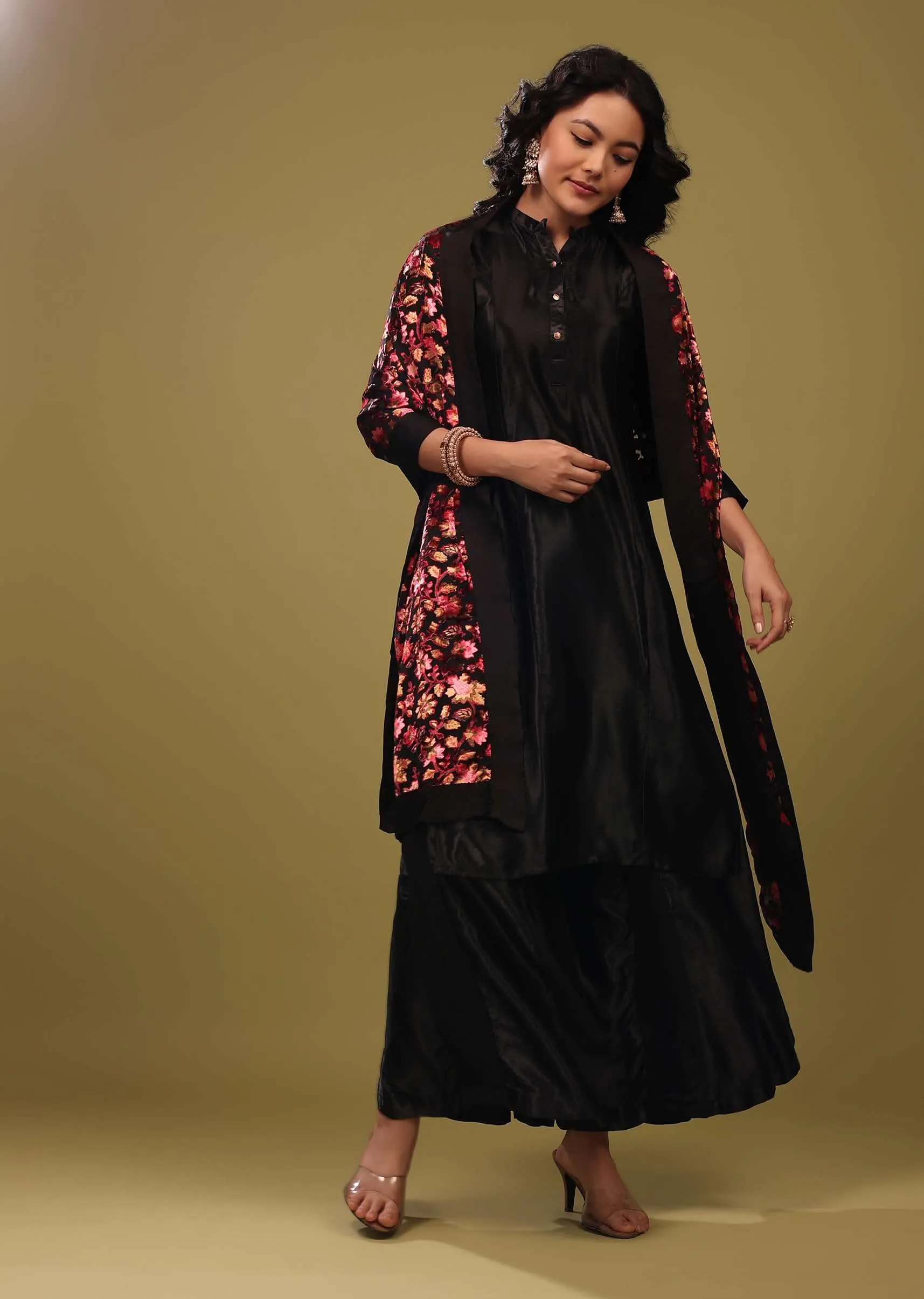 Black Palazzo Suit In Gajji Silk With A Beautiful Velvet Floral Embroidered Dupatta