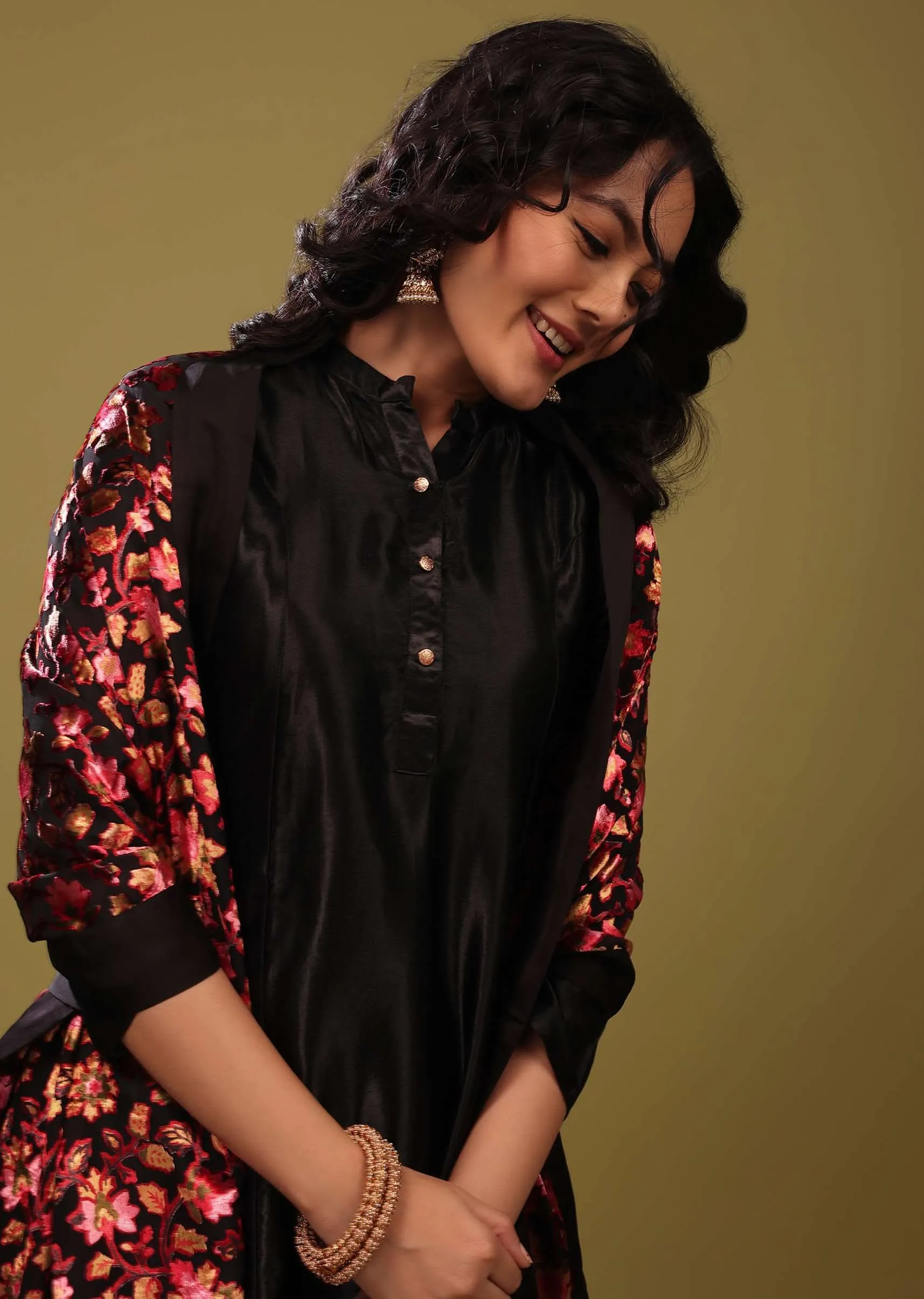 Black Palazzo Suit In Gajji Silk With A Beautiful Velvet Floral Embroidered Dupatta
