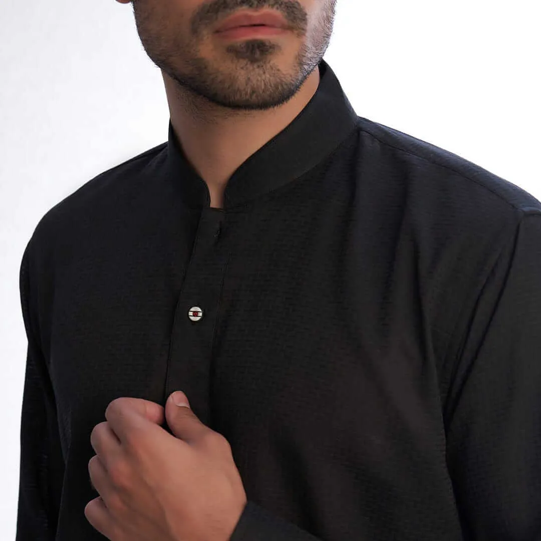 Black Textured Kurta with White Trousers/Shalwar