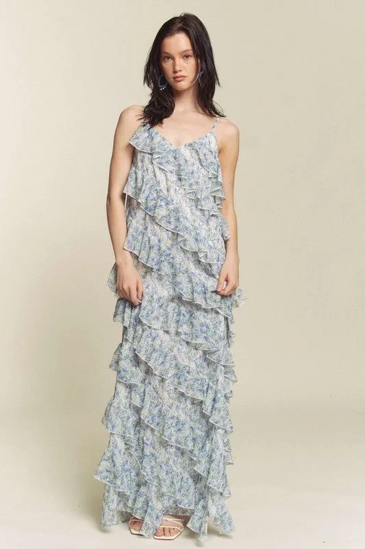 Blue Combo Floral Rufflr Spaghetti Strap Maxi Dress