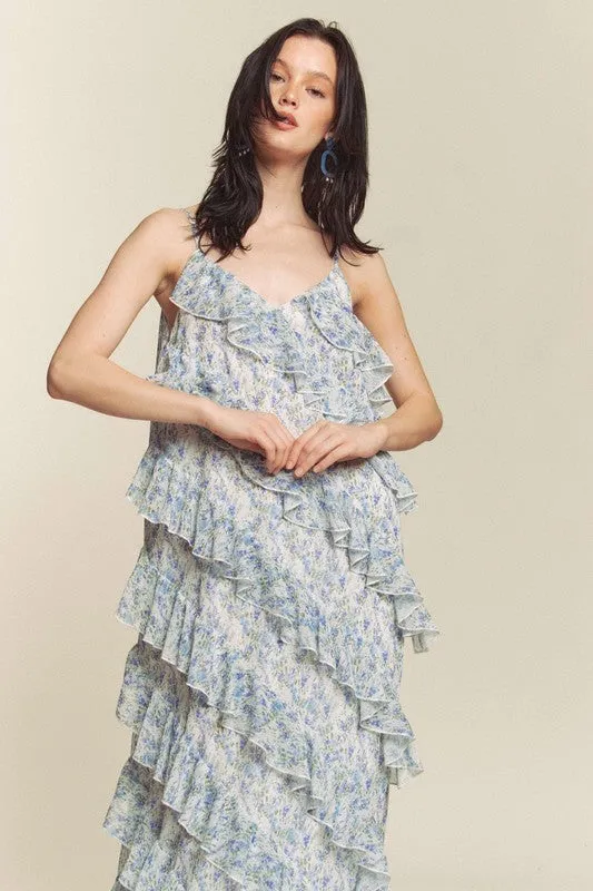 Blue Combo Floral Rufflr Spaghetti Strap Maxi Dress
