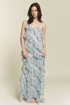 Blue Combo Floral Rufflr Spaghetti Strap Maxi Dress