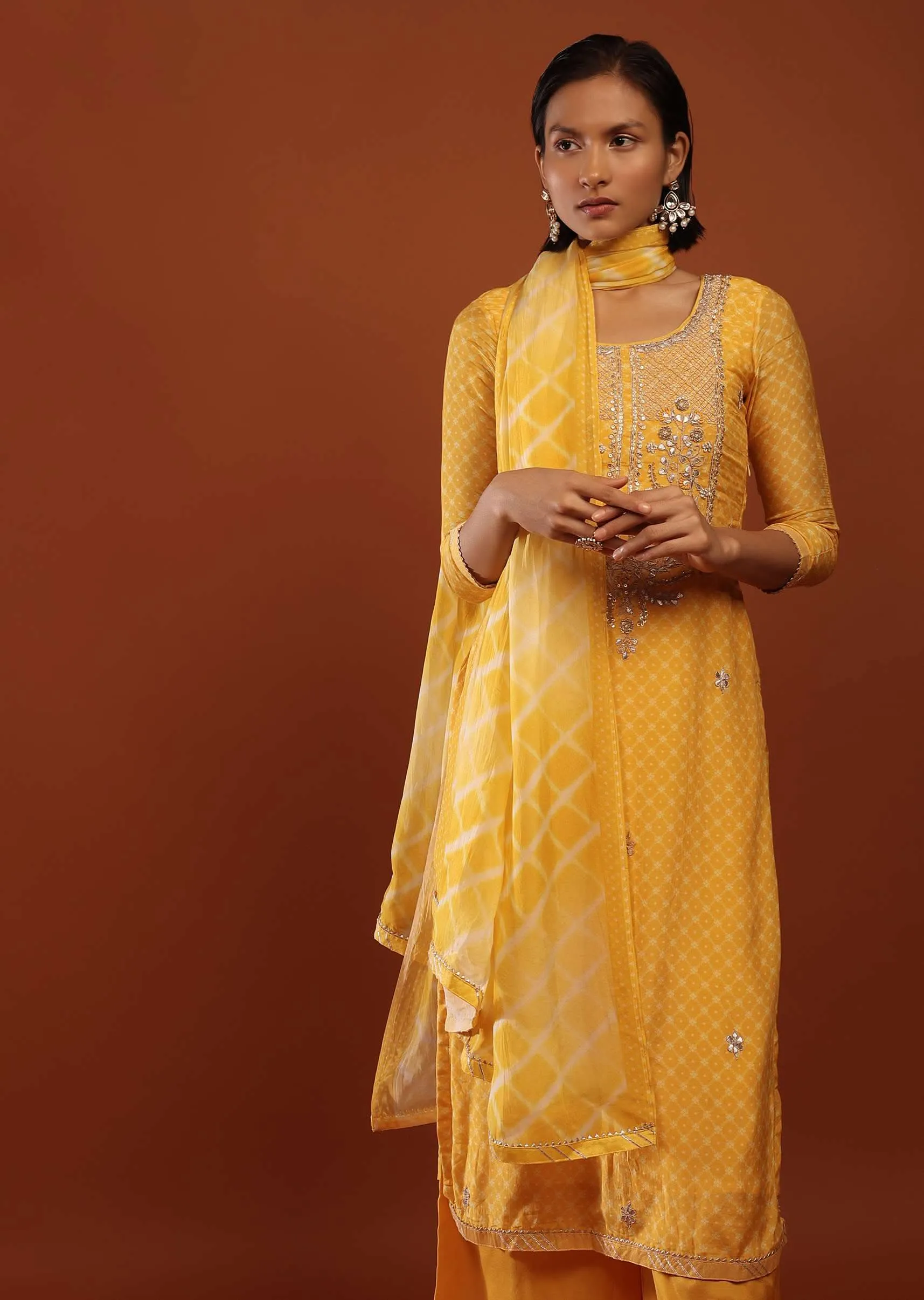 Canary Yellow Straight Cut Palazzo Suit With Bandhani Print And Embroidery