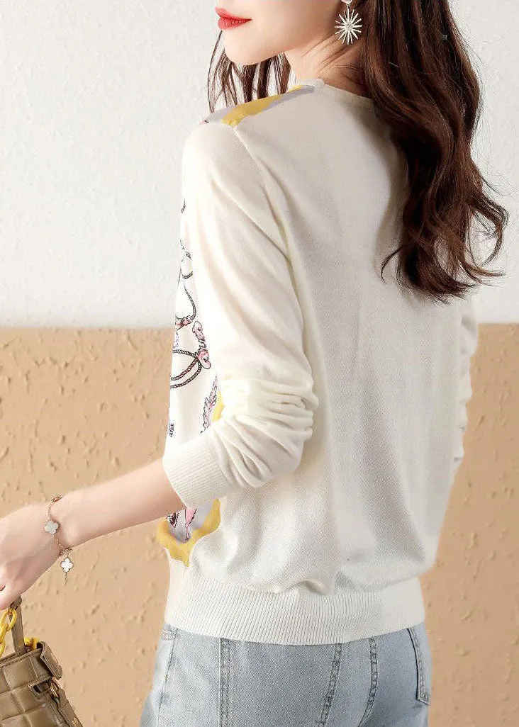 Classy White O-Neck Knit Patchwork Print Chiffon Shirt Tops Spring LY0061