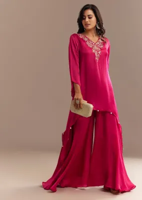 Dark Pink Asymmetrical Embroidered Palazzo Set