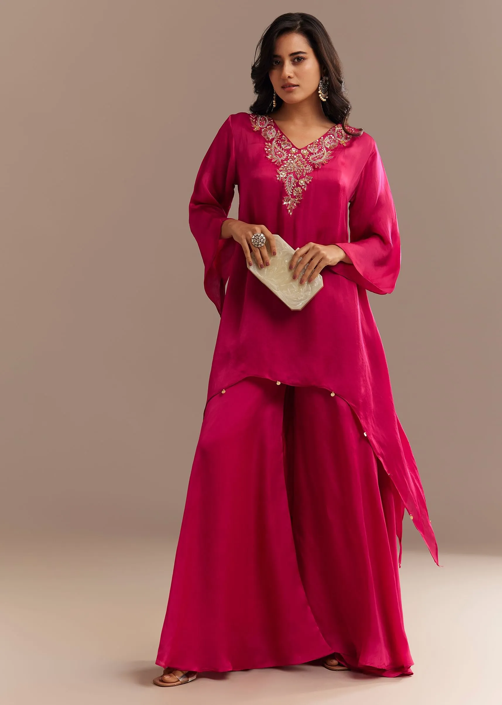 Dark Pink Asymmetrical Embroidered Palazzo Set