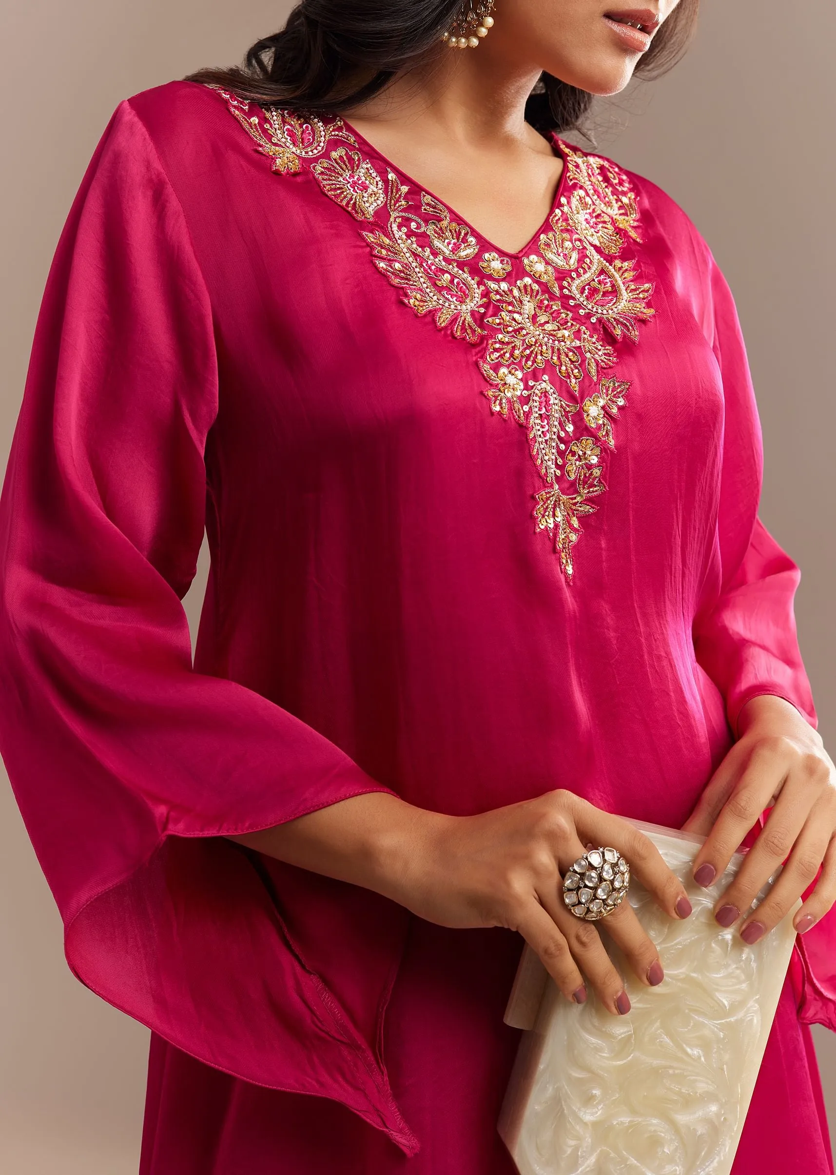 Dark Pink Asymmetrical Embroidered Palazzo Set