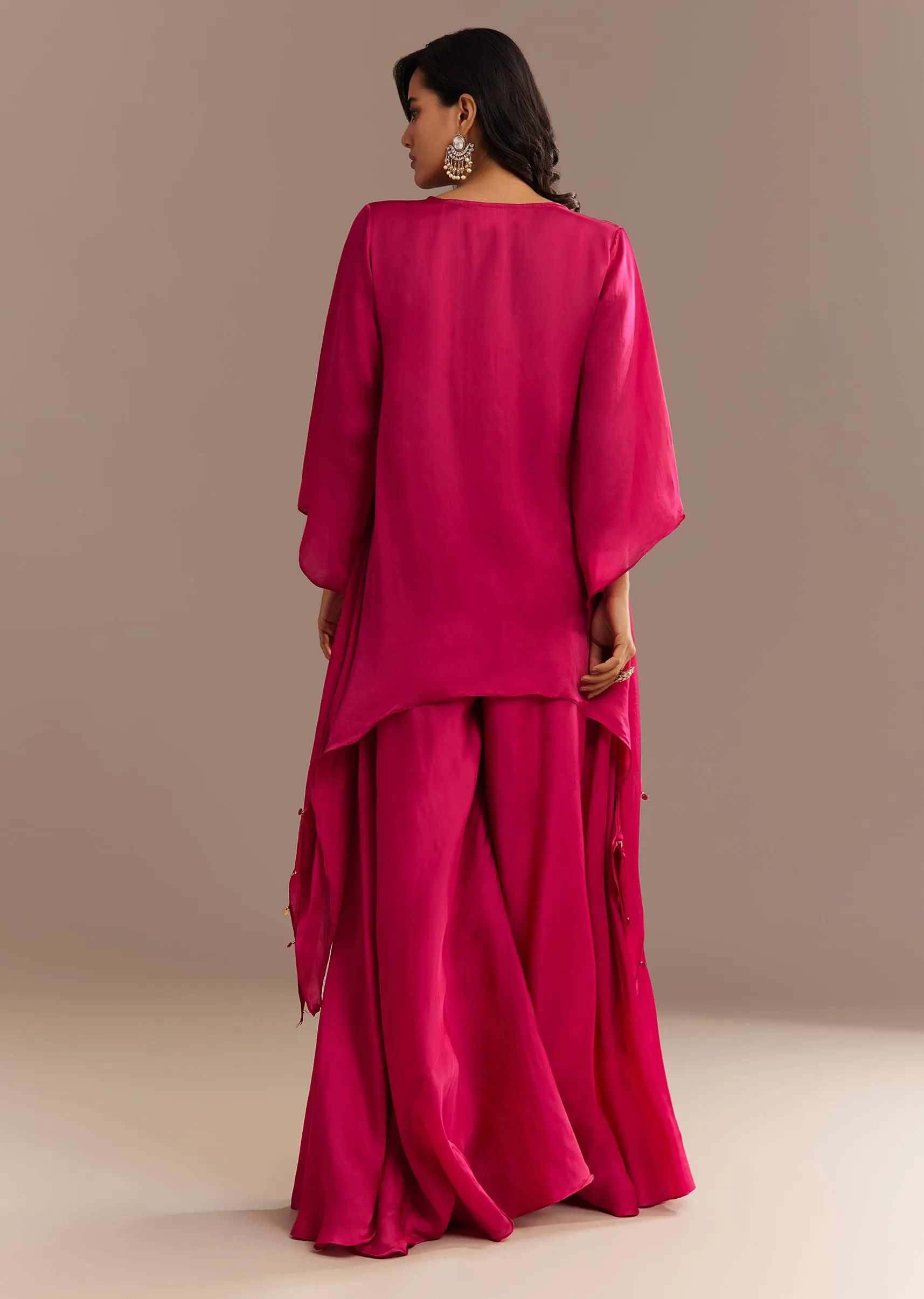 Dark Pink Asymmetrical Embroidered Palazzo Set