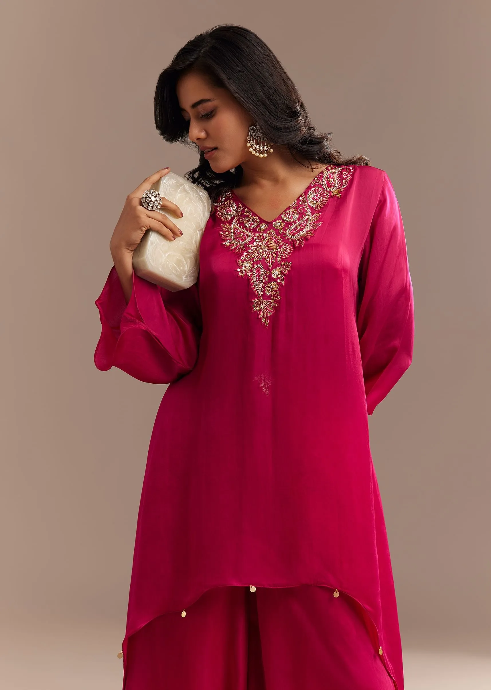 Dark Pink Asymmetrical Embroidered Palazzo Set