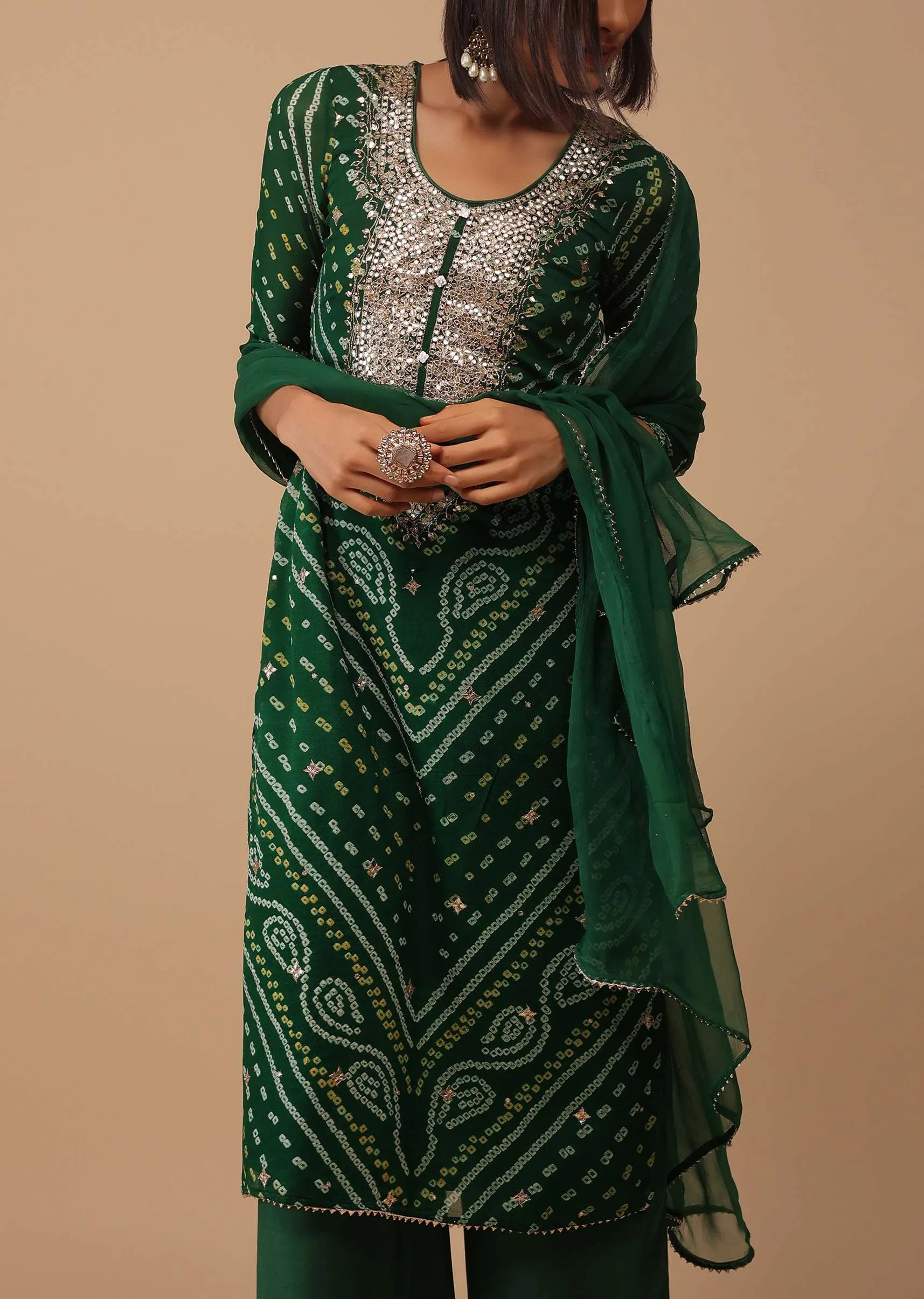 Deep Green Gotta Embroidered Bandhani Printed Georgette Palazzo Suit With Chiffon Dupatta