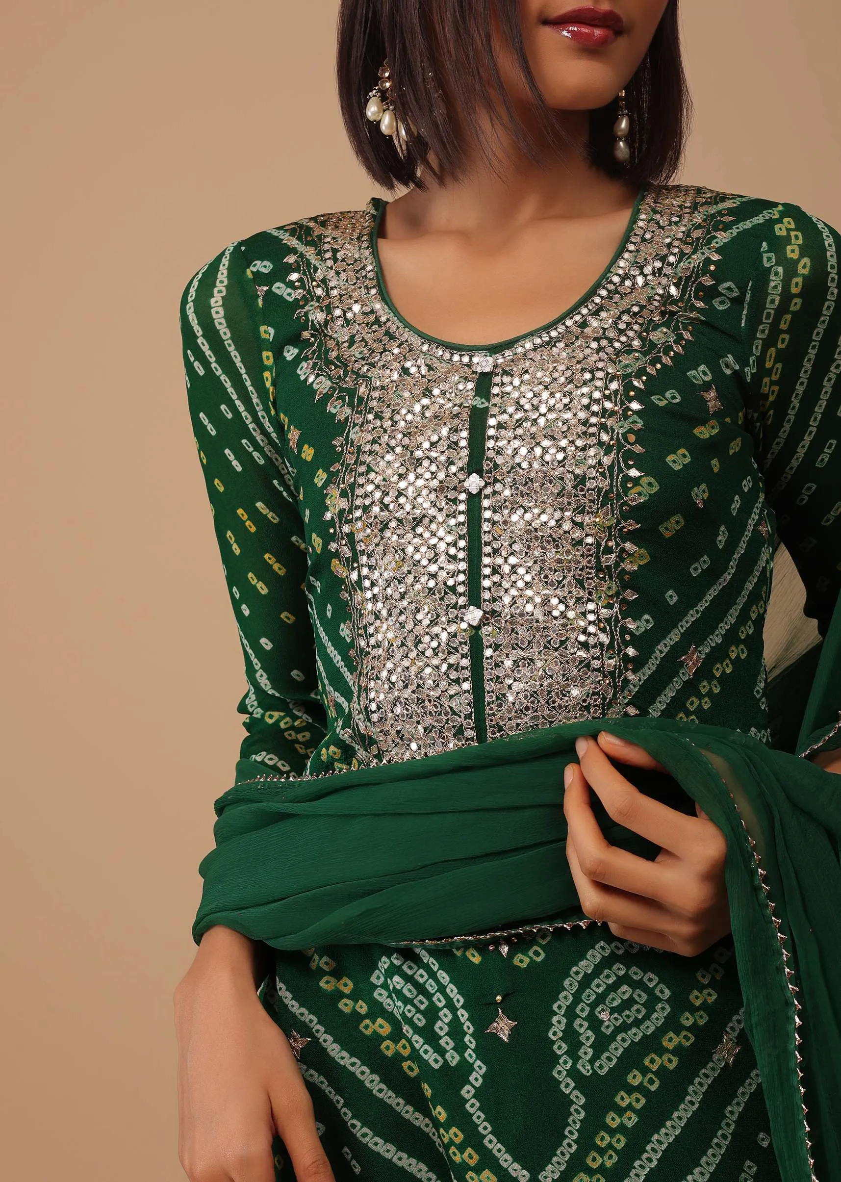 Deep Green Gotta Embroidered Bandhani Printed Georgette Palazzo Suit With Chiffon Dupatta