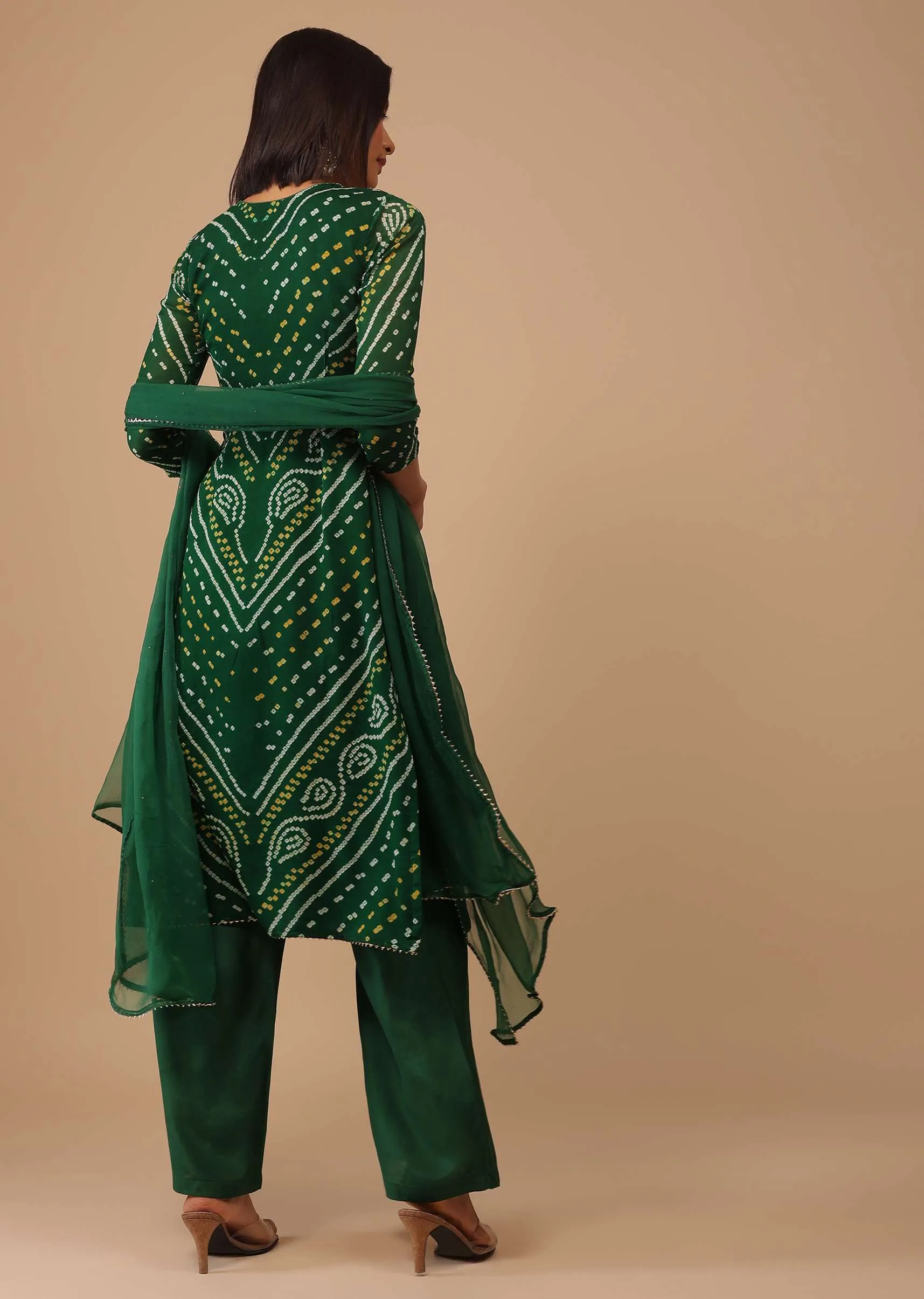 Deep Green Gotta Embroidered Bandhani Printed Georgette Palazzo Suit With Chiffon Dupatta