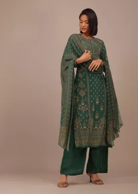 Deep Green Printed Palazzo Suit With Stonework In Crepe