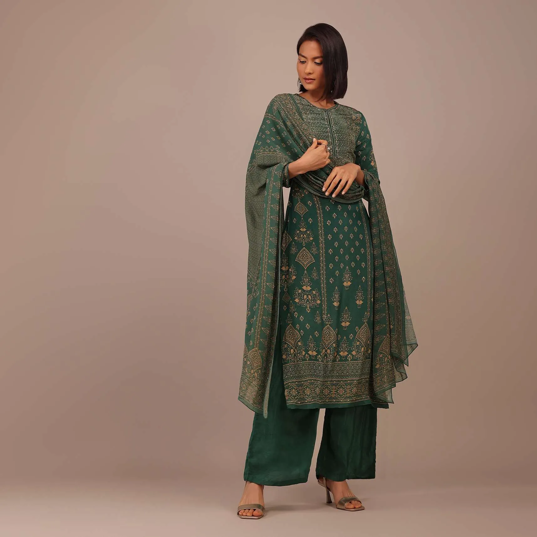 Deep Green Printed Palazzo Suit With Stonework In Crepe