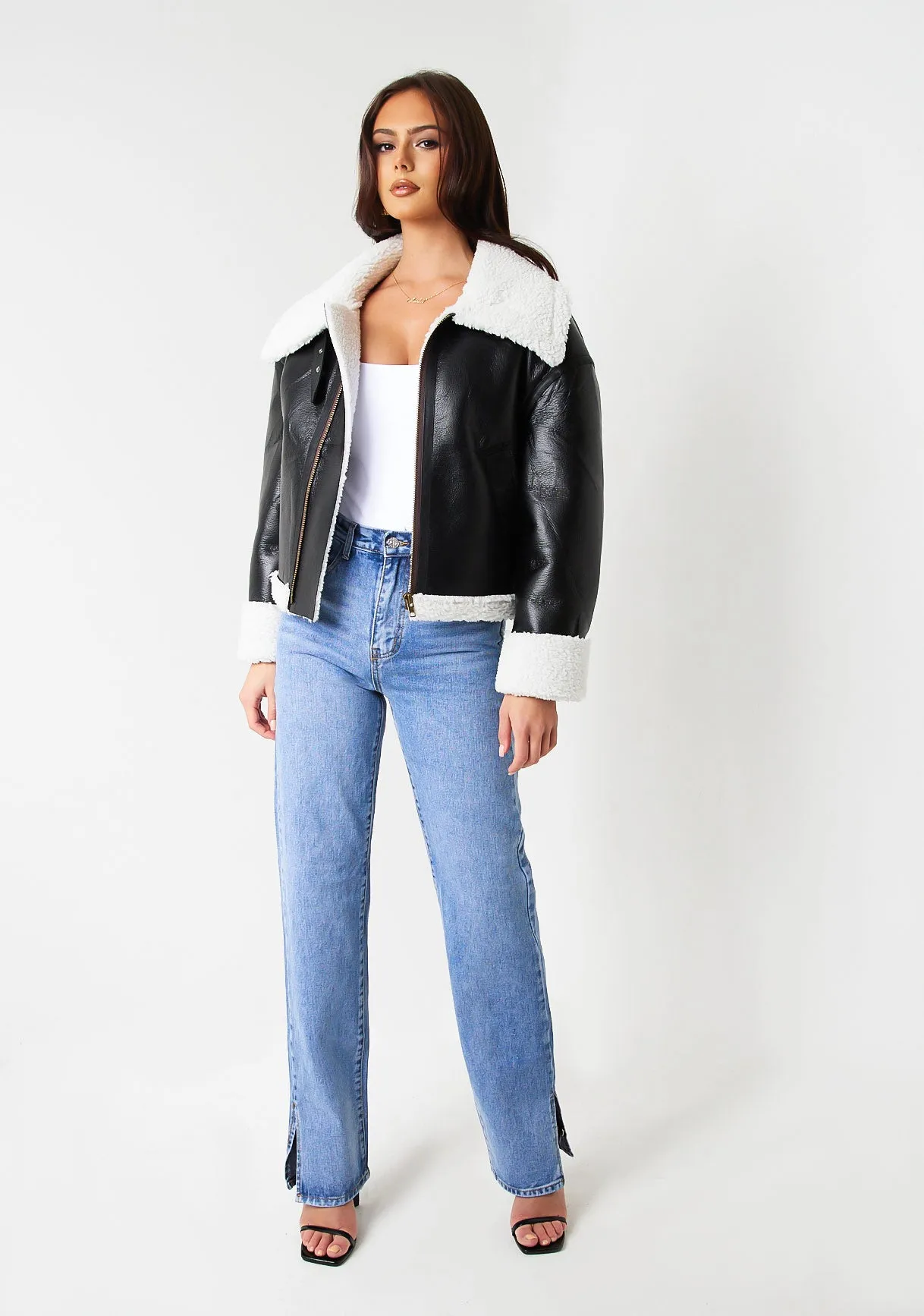 Dixie Black Faux Leather Aviator Jacket With Faux Fur Trim