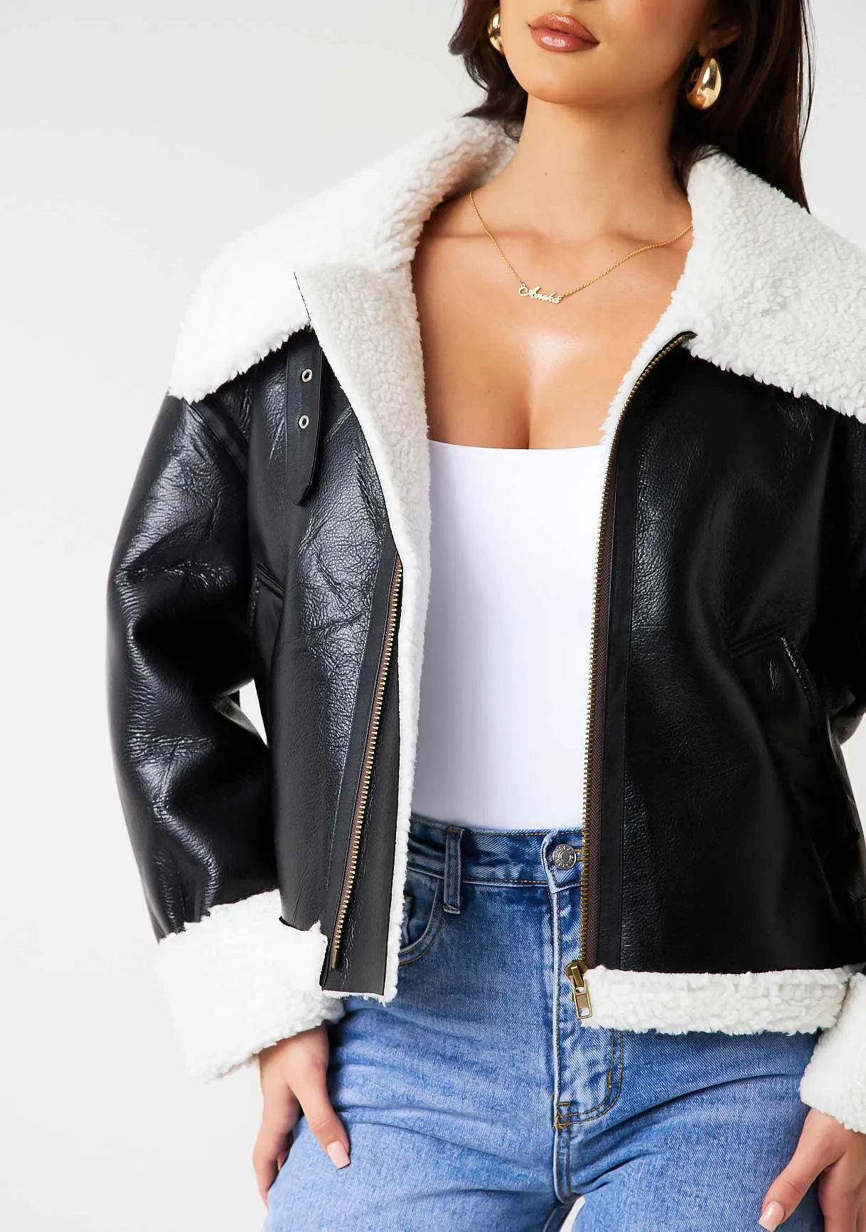 Dixie Black Faux Leather Aviator Jacket With Faux Fur Trim