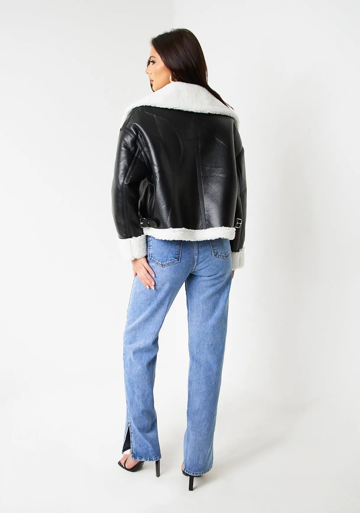 Dixie Black Faux Leather Aviator Jacket With Faux Fur Trim