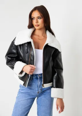 Dixie Black Faux Leather Aviator Jacket With Faux Fur Trim